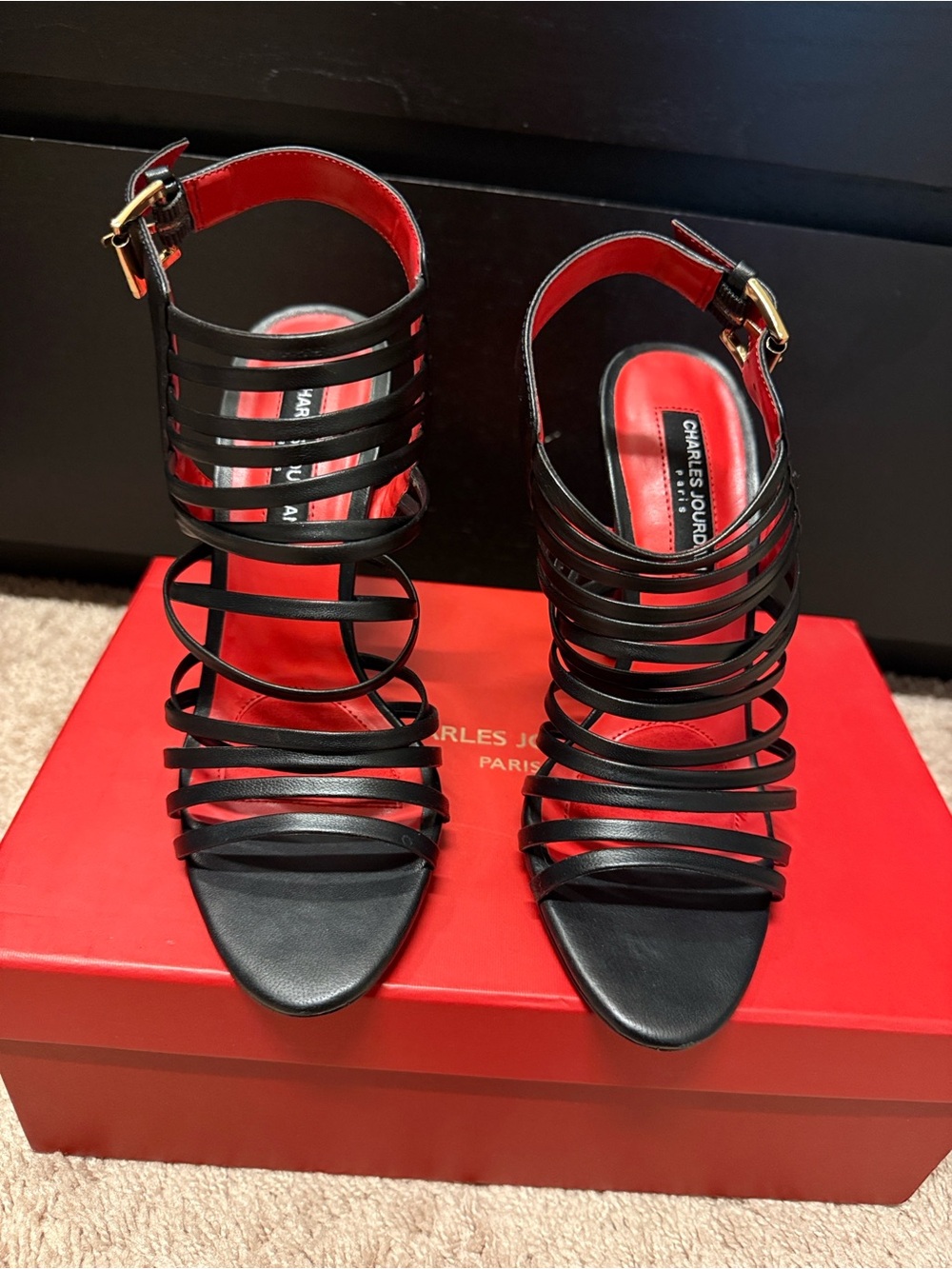 Charles Jourdan Black Strappy Cage Heel Sandals with Red Insole